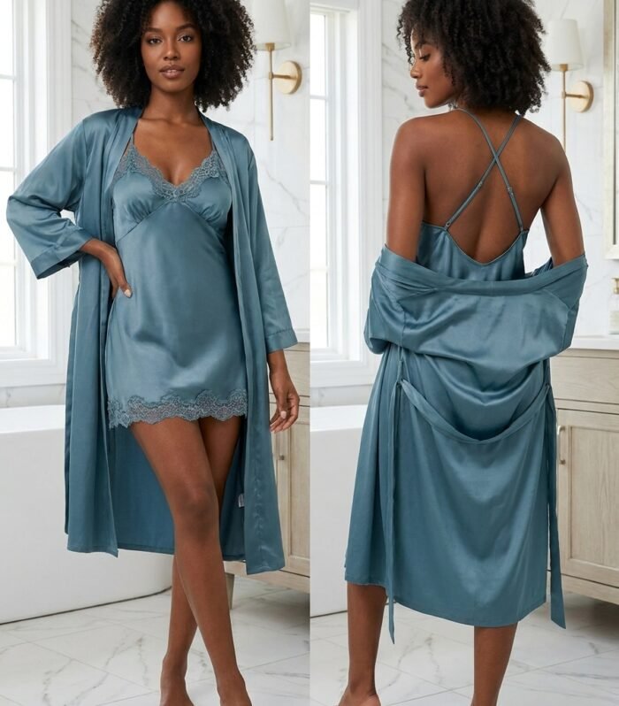 Dusty Blue Satin Robe & Sleep Set